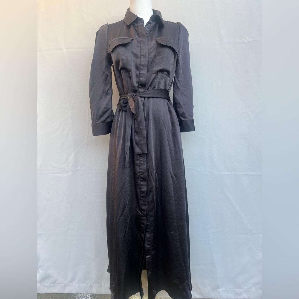Elie Tahari Belted Midi Shirt Dress XS Carbon Gray Dark Academia